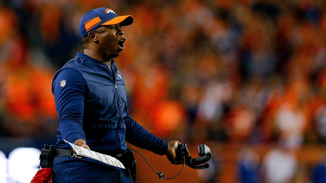 DENVER, CO - OCTOBER 1: Head coach Vance Joseph of the Denver Broncos reacts to a referee in the second half of a game against the Kansas City Chiefs at Broncos Stadium at Mile High on October 1, 2018 in Denver, Colorado.