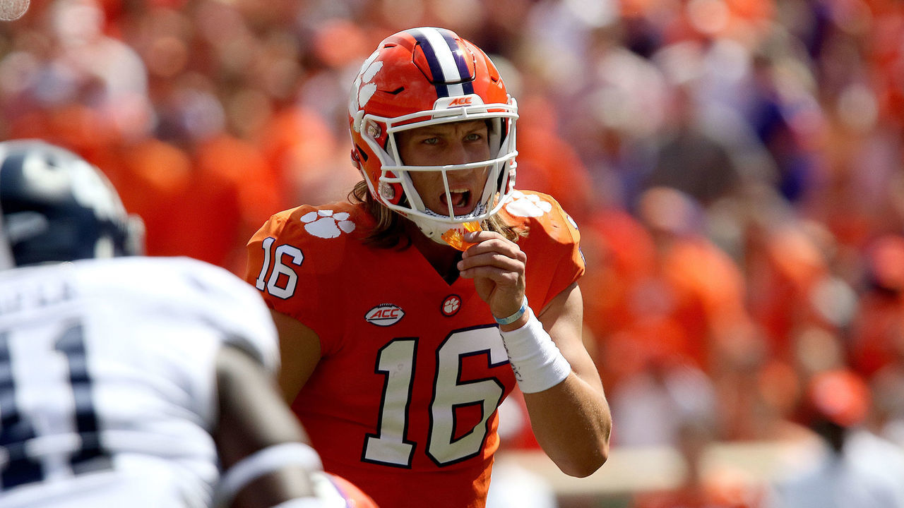 CLEMSON, SC - SEPTEMBER 15: Trevor Lawrence (16) quarterback Clemson University Tigers is ready to start a play during action between Georgia Southern and Clemson on September 15, 2018, at Clemson Memorial Stadium in Clemson S.C.