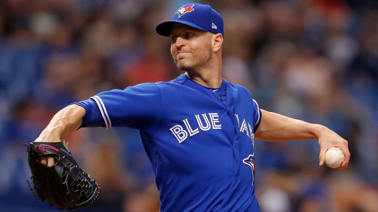 ST. PETERSBURG, FL - MAY 4: J.A. Happ #33 of the Toronto Blue Jays throws in the fourth inning of a baseball game against the Tampa Bay Rays at Tropicana Field on May 4, 2018 in St. Petersburg, Florida.