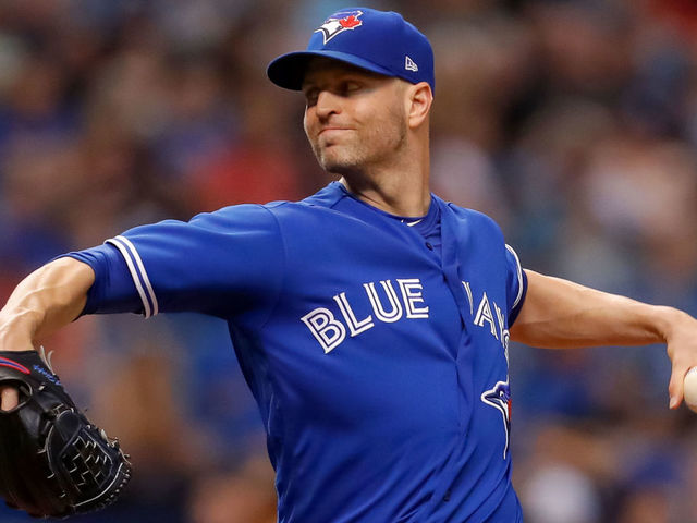 ST. PETERSBURG, FL - MAY 4: J.A. Happ #33 of the Toronto Blue Jays throws in the fourth inning of a baseball game against the Tampa Bay Rays at Tropicana Field on May 4, 2018 in St. Petersburg, Florida.