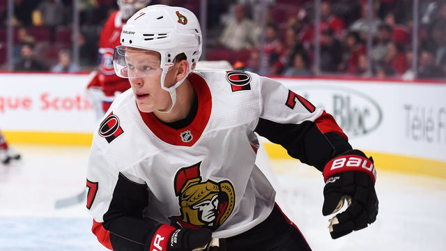 MONTREAL, QC - SEPTEMBER 22: Look on Ottawa Senators left wing Brady Tkachuk (7) during the Ottawa Senators versus the Montreal Canadiens preseason game on September 22, 2018, at Bell Centre in Montreal, QC