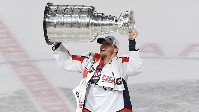 LAS VEGAS, NV - JUNE 07: Alex Chiasson #39 of the Washington Capitals hoists the Stanley Cup after Game Five of the 2018 NHL Stanley Cup Final at T-Mobile Arena on June 7, 2018 in Las Vegas, Nevada. The Capitals defeated the Golden Knights 4-3 and won the series four games to one.