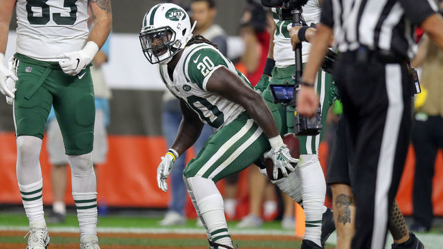 CLEVELAND, OH - SEPTEMBER 20: New York Jets running back Isaiah Crowell (20) wipes his butt with the football as part of his touchdown celebration during the second quarter of the National Football League game between the New York Jets and Cleveland Browns on September 20, 2018, at FirstEnergy Stadium in Cleveland, OH. Cleveland defeated New York 21-17. Crowell was penalized for his touchdown celebration.