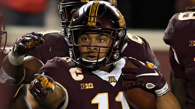 MINNEAPOLIS, MN - SEPTEMBER 08: Antoine Winfield Jr. #11 of the Minnesota Golden Gophers celebrates an interception in the end zone against the Fresno State Bulldogs during the fourth quarter of the game on September 8, 2018 at TCF Bank Stadium in Minneapolis, Minnesota. The Minnesota Golden Gophers defeated the Fresno State Bulldogs 21-14.