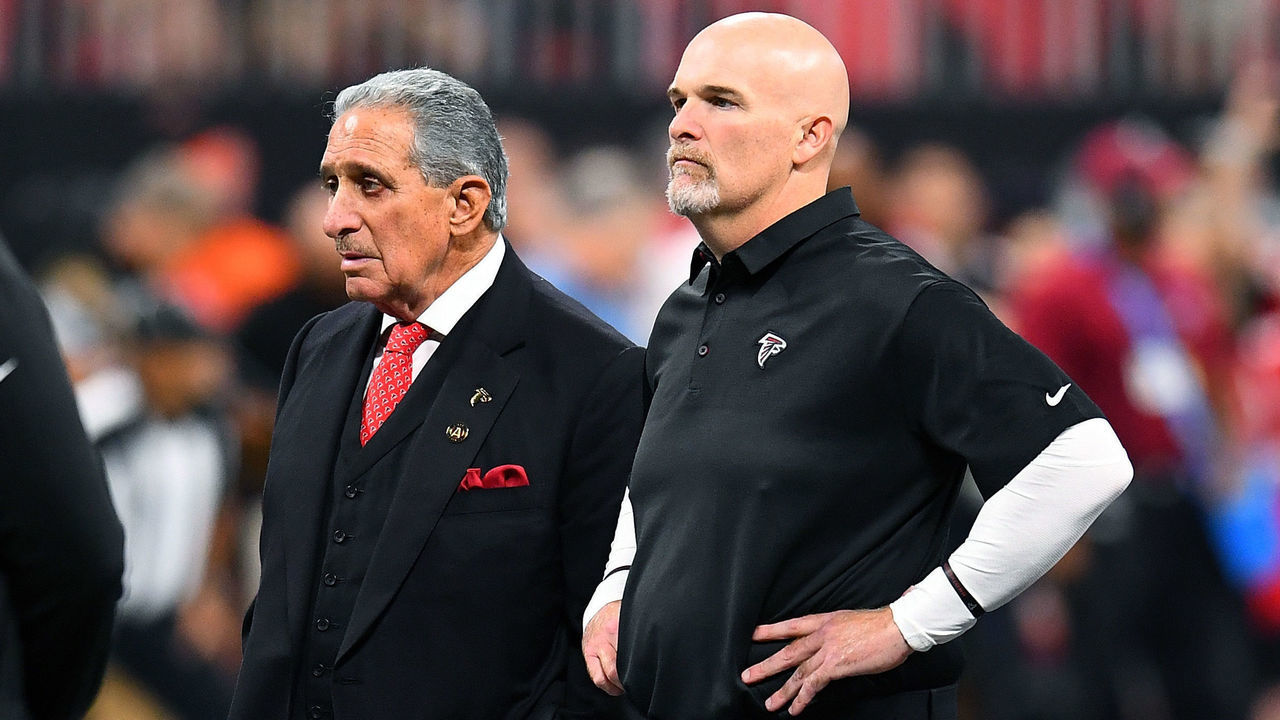 ATLANTA, GA - SEPTEMBER 30: Atlanta Falcons team owner Arthur Blank with head coach Dan Quinn of the Atlanta Falcons on field prior to the game against the Cincinnati Bengals at Mercedes-Benz Stadium on September 30, 2018 in Atlanta, Georgia.