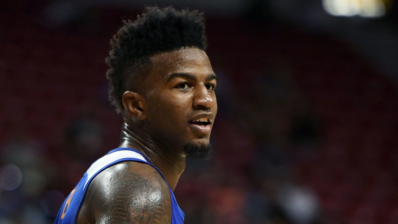 LAS VEGAS, NV - JULY 12: Jordan Bell #2 of the Golden State Warriors smiles on the court during a 2017 Summer League game against the Minnesota Timberwolves at the Thomas & Mack Center on July 12, 2017 in Las Vegas, Nevada. Golden State won 77-69.