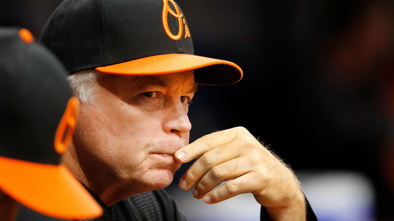 ST. PETERSBURG, FL SEPTEMBER 7: Buck Showalter #26 of the Baltimore Orioles watches the action from the dugout during the game with the Tampa Bay Rays at Tropicana Field on September 7, 2018 in St. Petersburg, Florida.