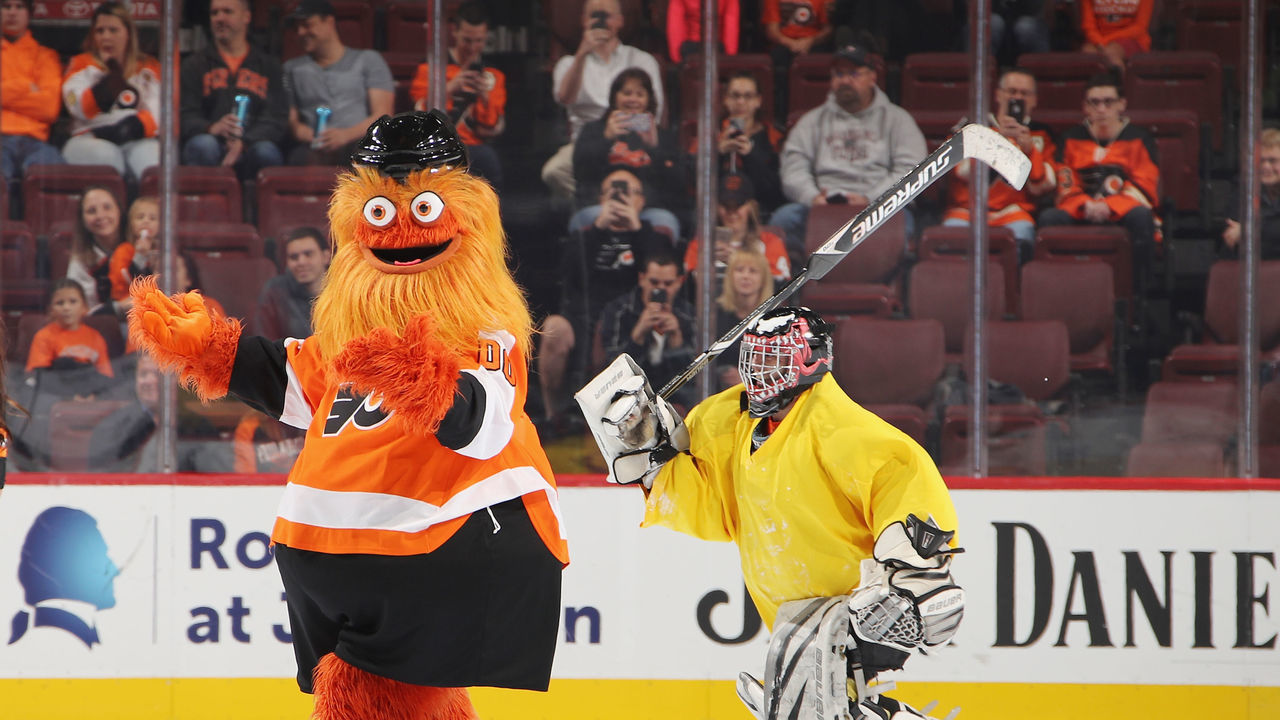 PHILADELPHIA, PENNSYLVANIA - SEPTEMBER 27: The Philadelphia Flyers mascot Gritty skates between periods of the game against the New York Rangers at the Wells Fargo Center on September 27, 2018 in Philadelphia, Pennsylvania.