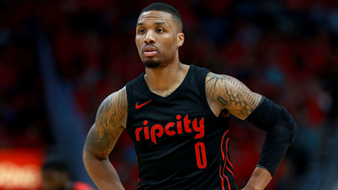 NEW ORLEANS, LA - APRIL 19: Damian Lillard #0 of the Portland Trail Blaers stands on the court as his team trails the New Orleans Pelicans during Game 3 of the Western Conference playoffs against the Portland Trail Blazers at the Smoothie King Center on April 19, 2018 in New Orleans, Louisiana.