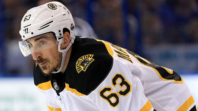 TAMPA, FL - APRIL 28: Brad Marchand #63 of the Boston Bruins looks on during Game One of the Eastern Conference Second Round against the Tampa Bay Lightning during the 2018 NHL Stanley Cup Playoffs at Amalie Arena on April 28, 2018 in Tampa, Florida.