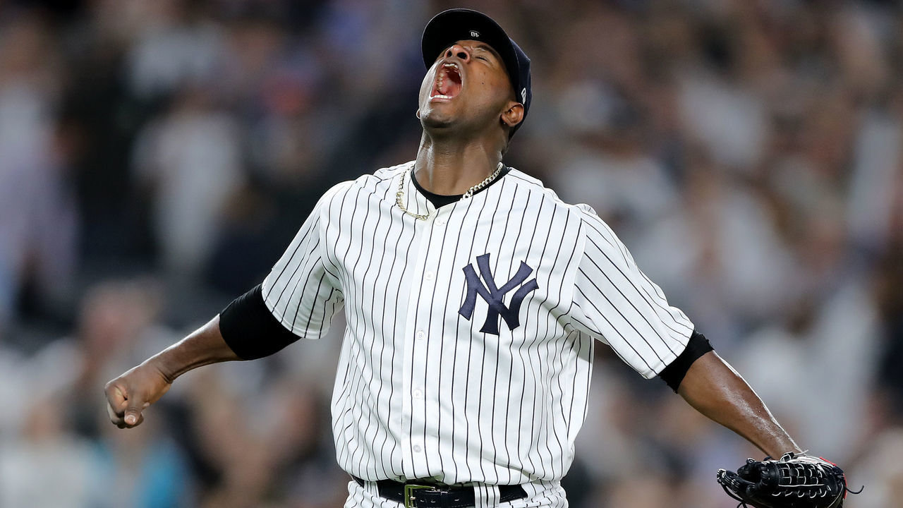 NEW YORK, NEW YORK - OCTOBER 03: Luis Severino #40 of the New York Yankees reacts after closing out the third inning against the Oakland Athletics during the American League Wild Card Game at Yankee Stadium on October 03, 2018 in the Bronx borough of New York City.