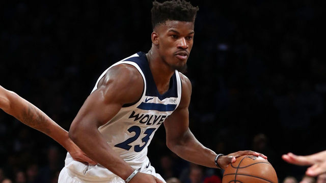 NEW YORK, NY - JANUARY 03: Jimmy Butler #23 of the Minnesota Timberwolves drives against the Brooklyn Nets during their game at Barclays Center on January 3, 2018 in New York City. User expressly acknowledges and agrees that, by downloading and/or using this Photograph, user is consenting to the terms and conditions of the Getty Images License Agreement.