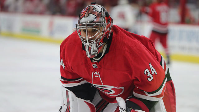 RALEIGH, NC - SEPTEMBER 21: Carolina Hurricanes goaltender Petr Mrazek (34) during the warmups of the preseason Carolina Hurricanes game versus the Washington Capitals on September 21, 2018 at PNC Arena in Raleigh, NC.