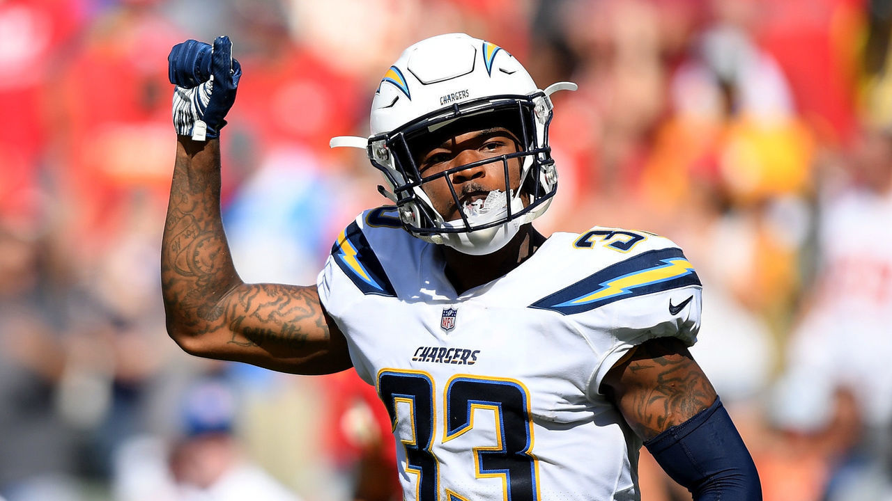 CARSON, CA - SEPTEMBER 09: Derwin James #33 of the Los Angeles Chargers reacts after his catch for a two point conversion during the fourth quarter against the Kansas City Chiefs at StubHub Center on September 9, 2018 in Carson, California.