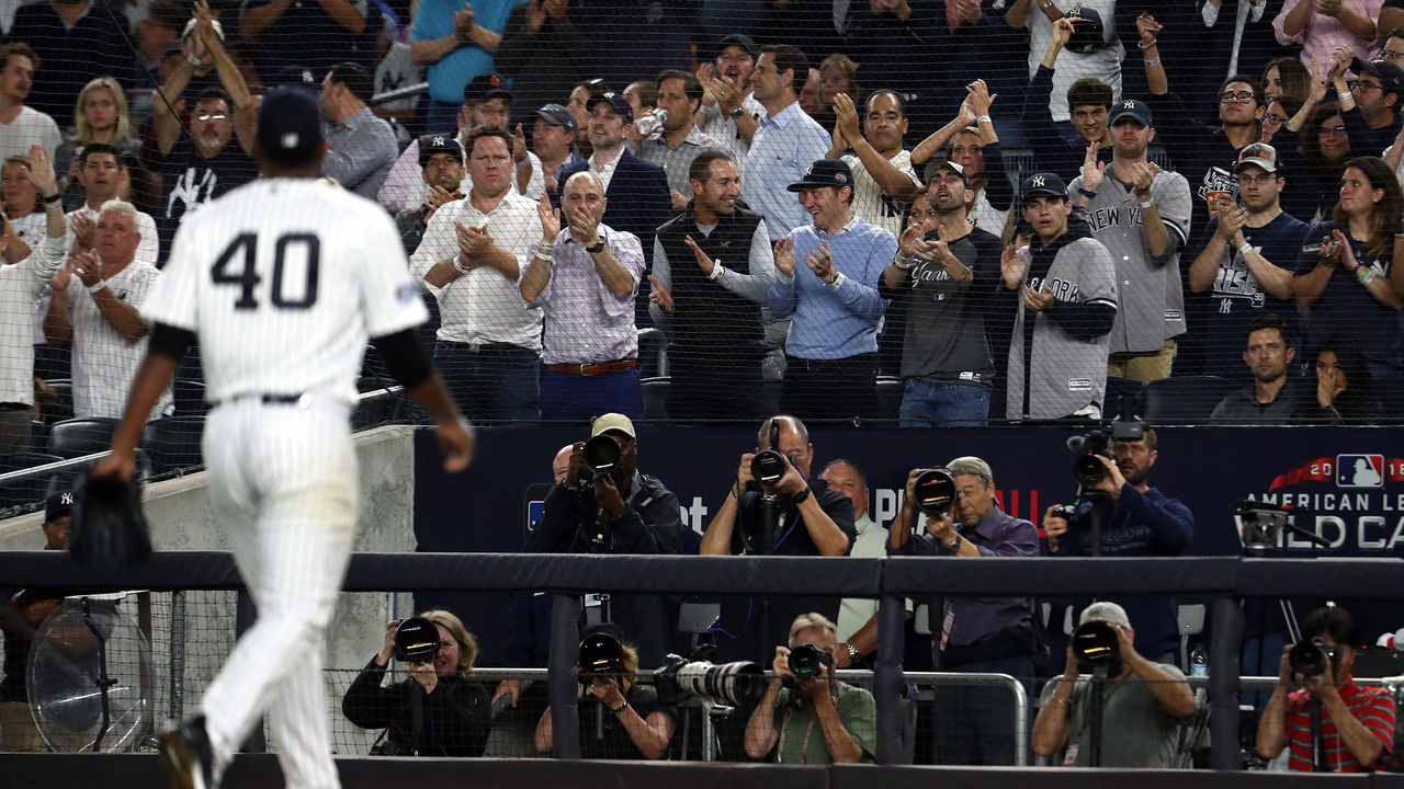NEW YORK, NEW YORK - OCTOBER 03: Luis Severino #40 of the New York Yankees is pulled from the game in the fifth inning against the Oakland Athletics during the American League Wild Card Game at Yankee Stadium on October 03, 2018 in the Bronx borough of New York City.