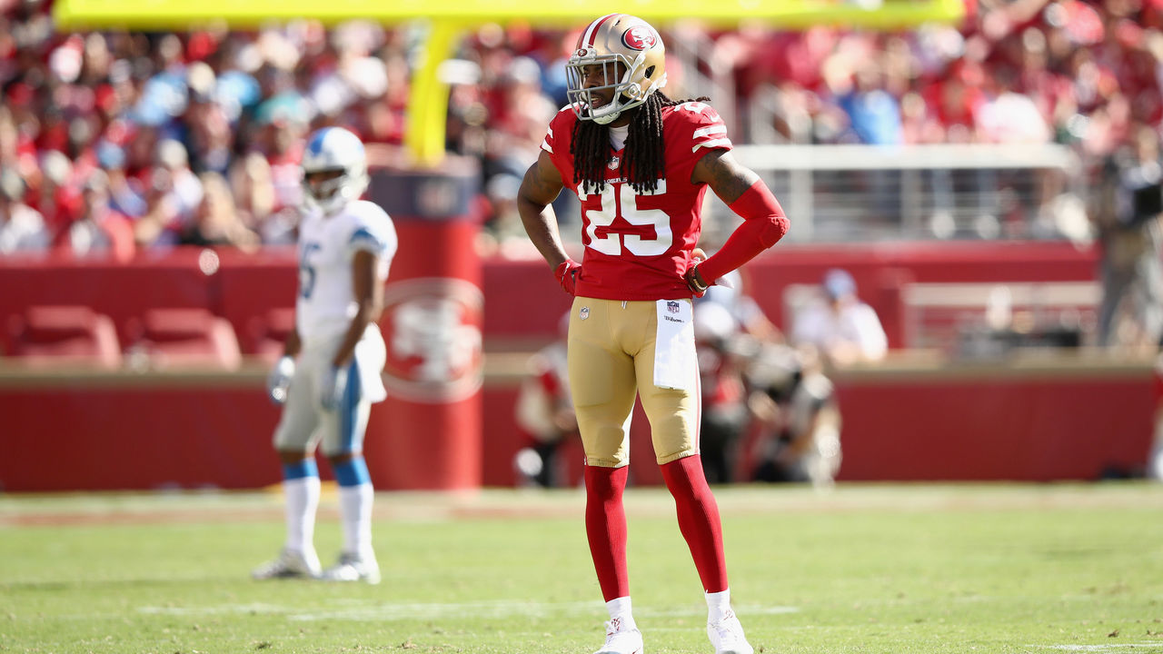 SANTA CLARA, CA - SEPTEMBER 16: Richard Sherman #25 of the San Francisco 49ers stands on the field during their game against the Detroit Lions at Levi's Stadium on September 16, 2018 in Santa Clara, California.