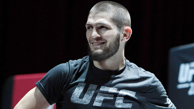 LAS VEGAS, NV - OCTOBER 03: UFC lightweight champion Khabib Nurmagomedov smiles during an open workout for UFC 229 at Park Theater at Park MGM on October 03, 2018 in Las Vegas, Nevada. Nurmagomedov will defend his title against Conor McGregor at UFC 229 on October 6 at T-Mobile Arena in Las Vegas.