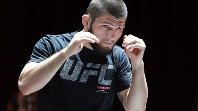 LAS VEGAS, NV - OCTOBER 03: UFC lightweight champion Khabib Nurmagomedov attends an open workout for UFC 229 at Park Theater at Park MGM on October 03, 2018 in Las Vegas, Nevada. Nurmagomedov will defend his title against Conor McGregor at UFC 229 on October 6 at T-Mobile Arena in Las Vegas.