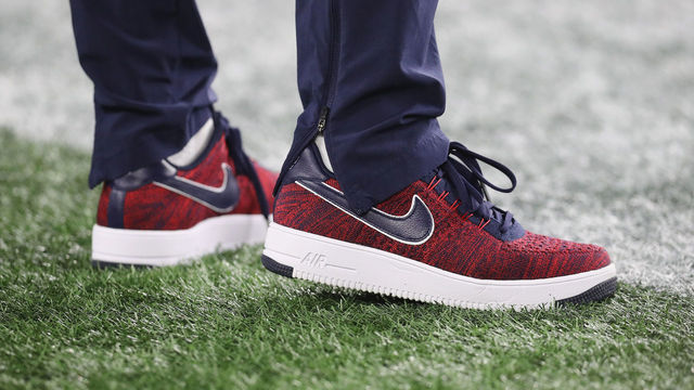 FOXBOROUGH, MA - OCTOBER 04: A detailed view of the Robert Kraft Air Force 1 shoe during the game between the Indianapolis Colts and the New England Patriots at Gillette Stadium on October 4, 2018 in Foxborough, Massachusetts.