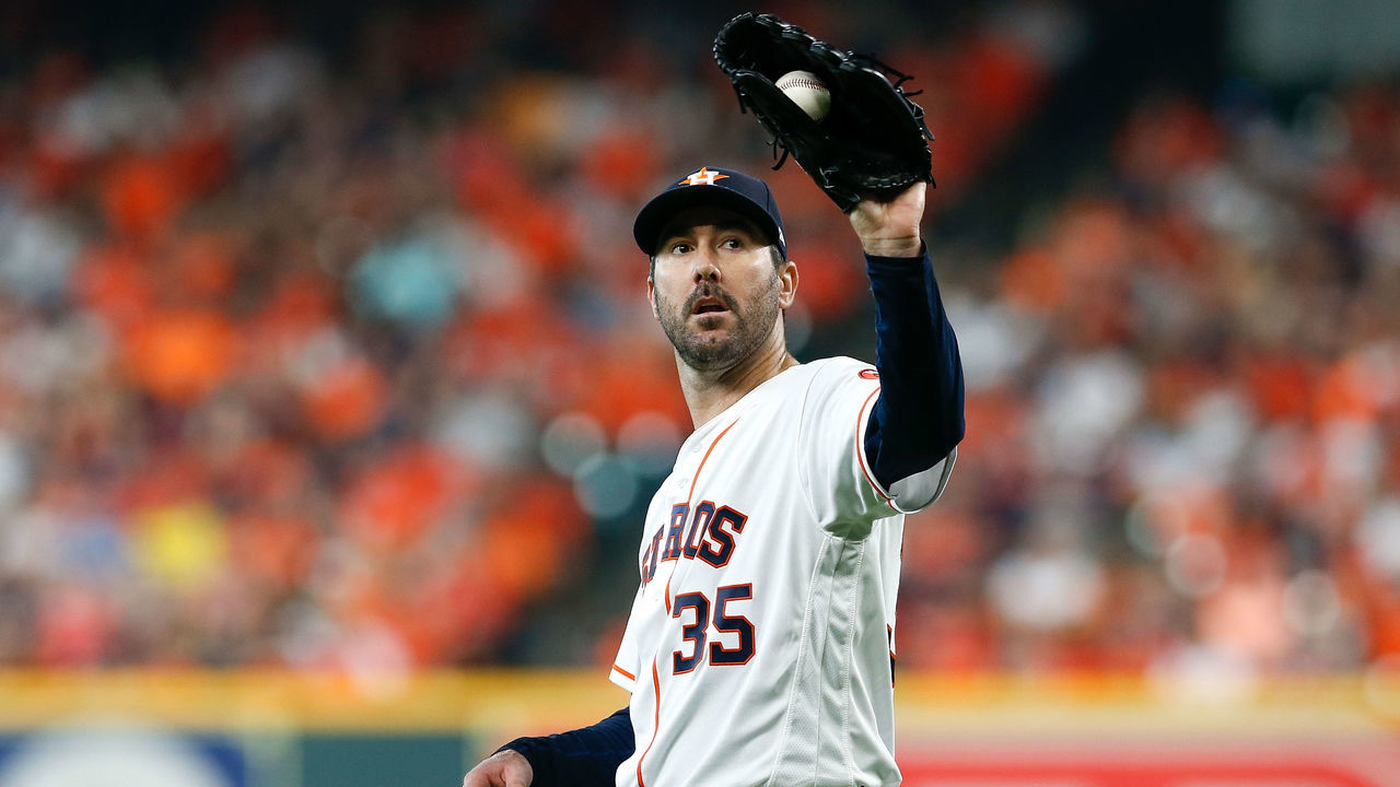 HOUSTON, TX - OCTOBER 05: Justin Verlander #35 of the Houston Astros looks on against the Cleveland Indians in the fifth inning during Game One of the American League Division Series at Minute Maid Park on October 5, 2018 in Houston, Texas.