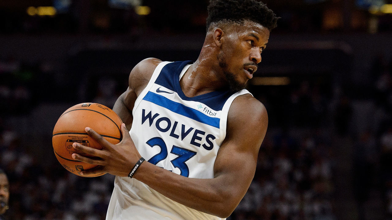 MINNEAPOLIS, MN - OCTOBER 20: Jimmy Butler #23 of the Minnesota Timberwolves controls the ball against the Utah Jazz during the game on October 20, 2017 at the Target Center in Minneapolis, Minnesota. The Timberwolves defeated the Jazz 100-97.