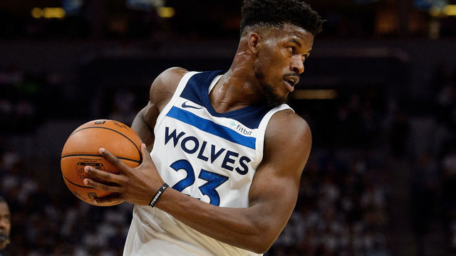 MINNEAPOLIS, MN - OCTOBER 20: Jimmy Butler #23 of the Minnesota Timberwolves controls the ball against the Utah Jazz during the game on October 20, 2017 at the Target Center in Minneapolis, Minnesota. The Timberwolves defeated the Jazz 100-97.