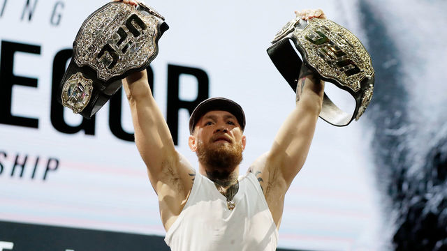 LAS VEGAS, NV - OCTOBER 04: Conor McGregor poses for cameras following a press conference for UFC 229 at Park Theater at Park MGM on October 04, 2018 in Las Vegas, Nevada. McGregor will challenge UFC lightweight champion Khabib Nurmagomedov for his title at UFC 229 on October 6 at T-Mobile Arena in Las Vegas, Nevada