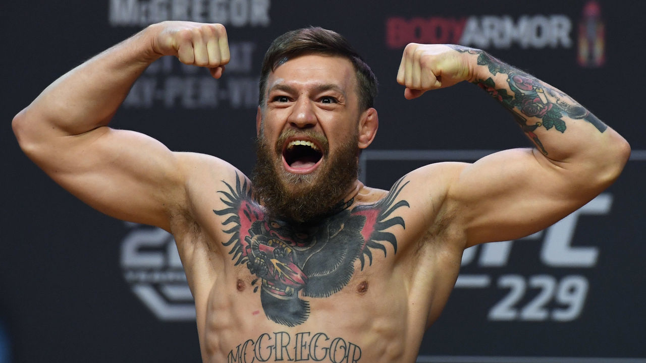 LAS VEGAS, NEVADA - OCTOBER 05: Conor McGregor poses during a ceremonial weigh-in for UFC 229 at T-Mobile Arena on October 05, 2018 in Las Vegas, Nevada. McGregor will challenge UFC lightweight champion Khabib Nurmagomedov for his title at UFC 229 on October 6 at T-Mobile Arena in Las Vegas.