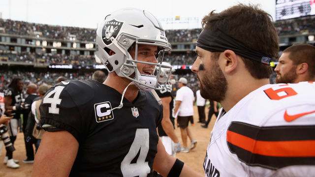 OAKLAND, CA - SEPTEMBER 30: Derek Carr #4 of the Oakland Raiders talks with Baker Mayfield #6 of the Cleveland Browns after their game at Oakland-Alameda County Coliseum on September 30, 2018 in Oakland, California.