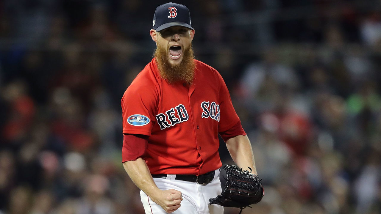 BOSTON, MA - OCTOBER 05: Craig Kimbrel #46 of the Boston Red Sox celebrates after making the final out in the ninth inning against the New York Yankees in Game One of the American League Division Series at Fenway Park on October 5, 2018 in Boston, Massachusetts. The Boston Red Sox won 5-4.