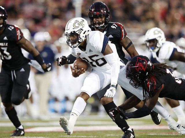 LOUISVILLE, KY - OCTOBER 05: TaQuon Marshall #16 of the Georgia Tech Yellow Jackets runs the ball in the first half of the game against the Louisville Cardinals at Cardinal Stadium on October 05, 2018 in Louisville, Kentucky.