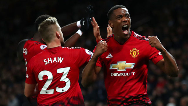 MANCHESTER, ENGLAND - OCTOBER 06: Anthony Martial of Manchester United celebrates after his team's third goal during the Premier League match between Manchester United and Newcastle United at Old Trafford on October 6, 2018 in Manchester, United Kingdom.