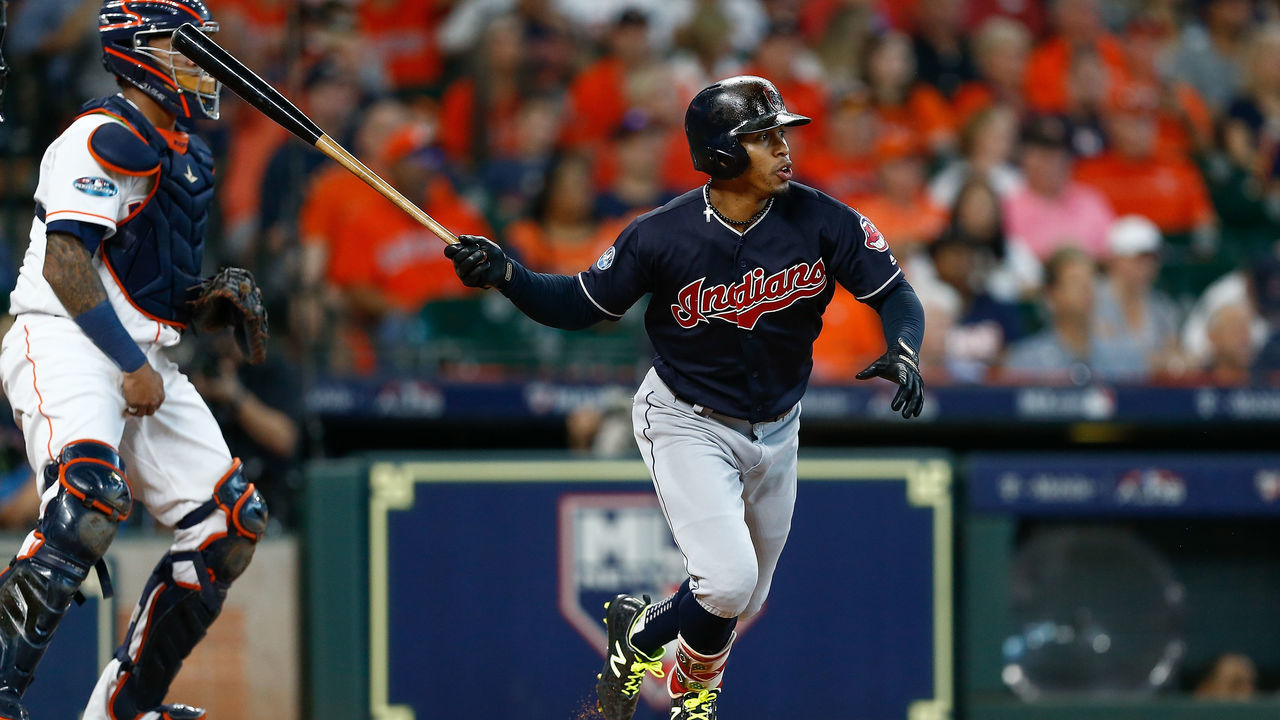 HOUSTON, TX - OCTOBER 06: Francisco Lindor #12 of the Cleveland Indians pops out in the first inning against the Houston Astros during Game Two of the American League Division Series at Minute Maid Park on October 6, 2018 in Houston, Texas.