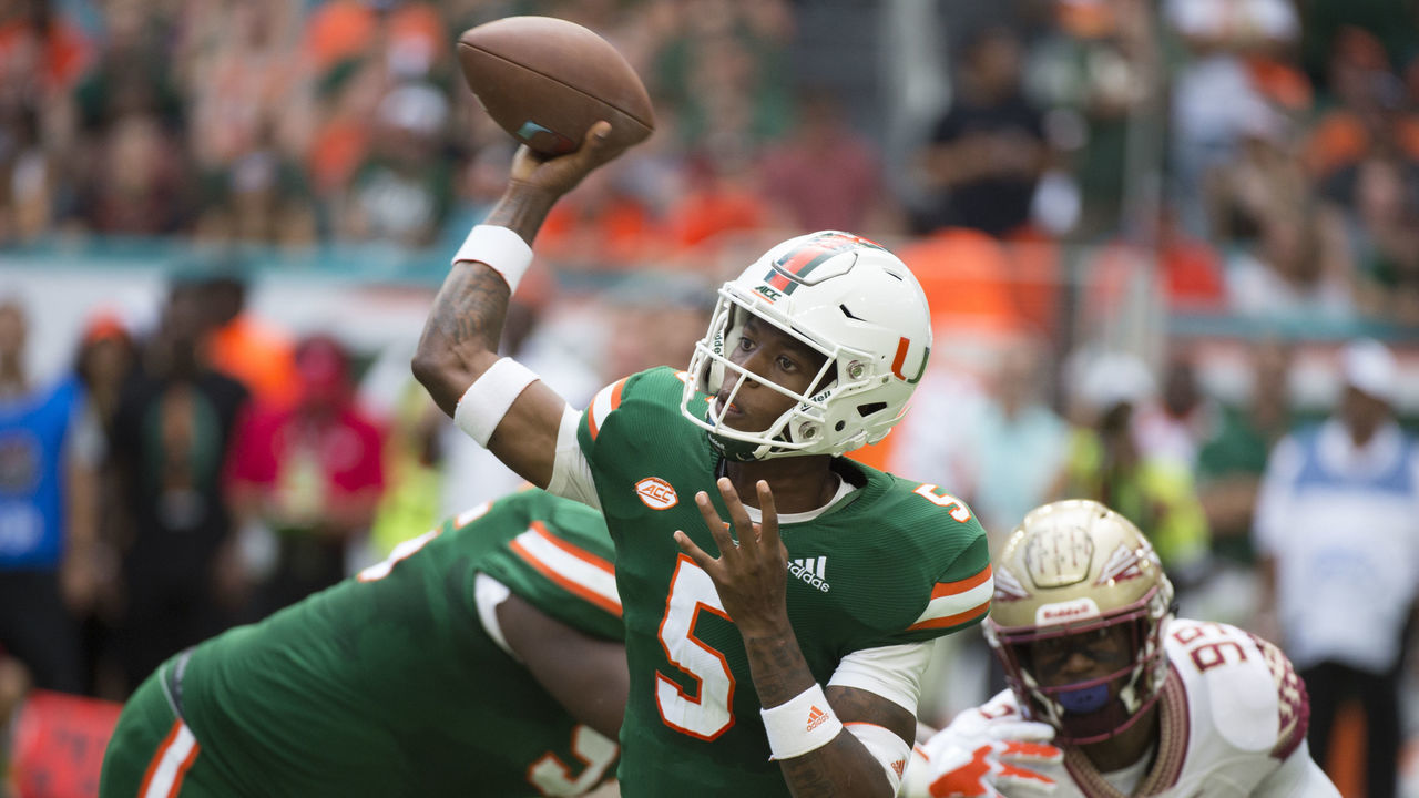 MIAMI GARDENS, FL - OCTOBER 06: University of Miami Hurricanes Quarterback N'Kosi Perry (5) throws the ball during the college football game between the Florida State Seminoles and the University of Miami Hurricanes on September 8, 2018 at the Hard Rock Stadium in Miami Gardens, FL.