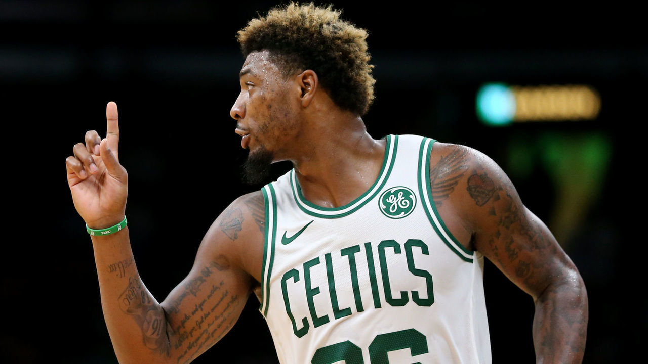 BOSTON, MA - OCTOBER 2: Marcus Smart #36 of the Boston Celtics reacts during the preseason game against the Cleveland Cavaliers at TD Garden on October 2, 2018 in Boston, Massachusetts.