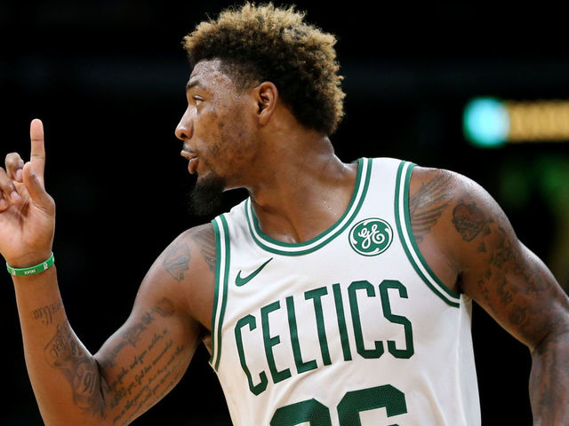 BOSTON, MA - OCTOBER 2: Marcus Smart #36 of the Boston Celtics reacts during the preseason game against the Cleveland Cavaliers at TD Garden on October 2, 2018 in Boston, Massachusetts.