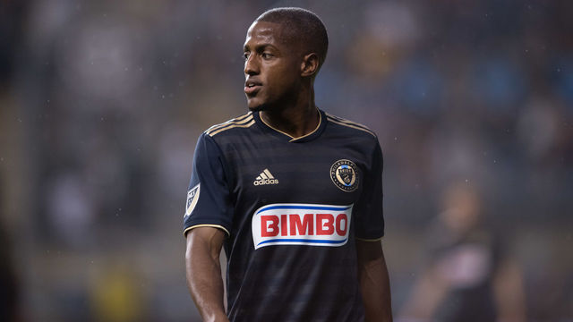 CHESTER, PA - MAY 19: Steam rises off of Union Midfielder Fafa Picault (9) as the rain falls in the first half during the game between Real Salt Lake and the Philadelphia Union on May 19, 2018 at Talen Energy Stadium in Chester, PA.