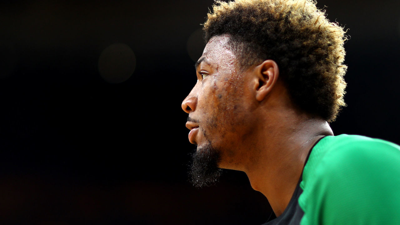 BOSTON, MA - OCTOBER 2: Marcus Smart #36 of the Boston Celtics looks on before the preseason game against the Cleveland Cavaliers at TD Garden on October 2, 2018 in Boston, Massachusetts.