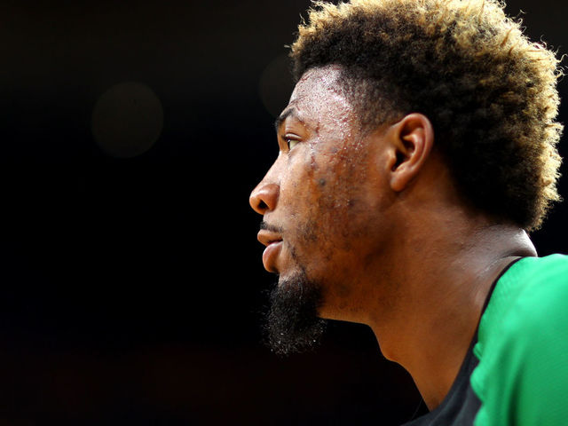 BOSTON, MA - OCTOBER 2: Marcus Smart #36 of the Boston Celtics looks on before the preseason game against the Cleveland Cavaliers at TD Garden on October 2, 2018 in Boston, Massachusetts.