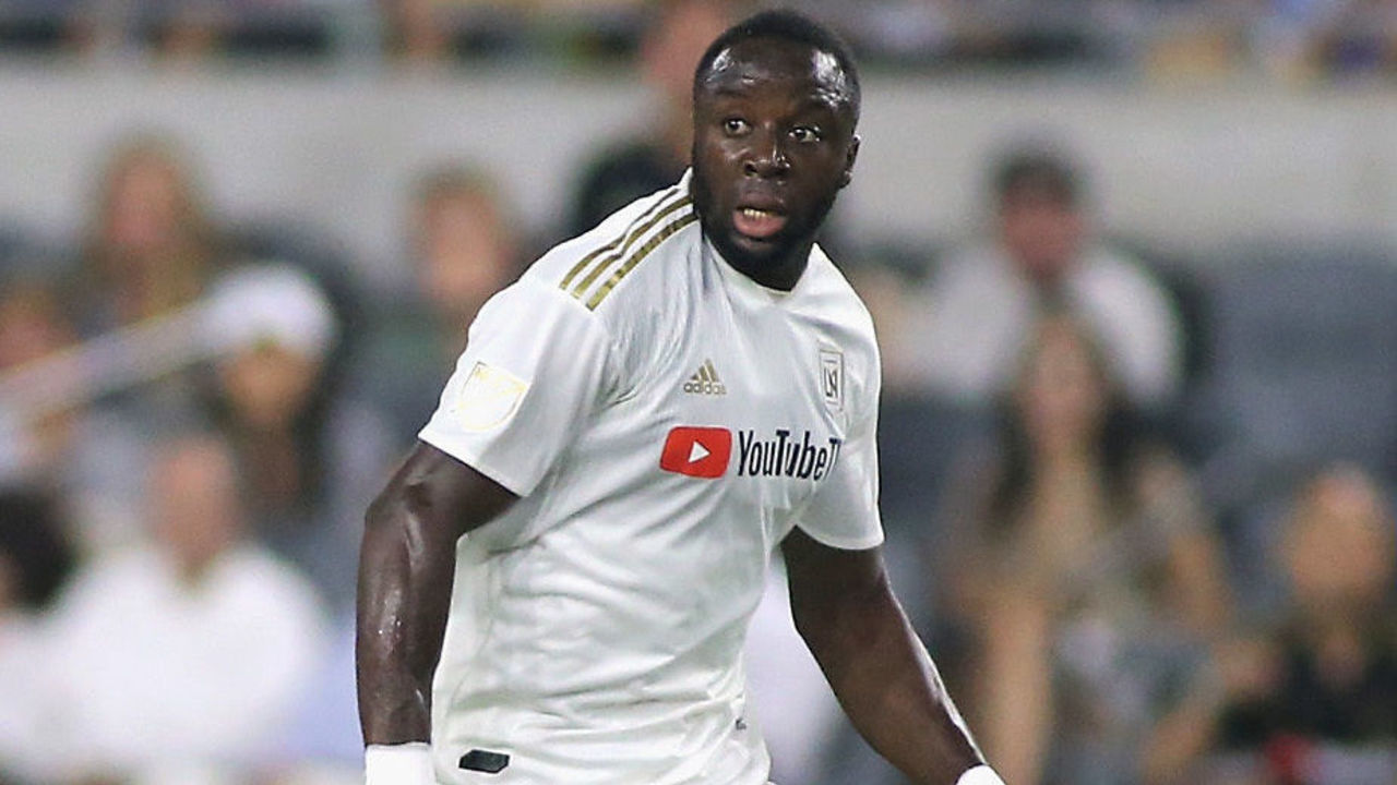 LOS ANGELES, CA - AUGUST 19: Adama Diomande #99 of Los Angeles FC dribbles down the field at Banc of California Stadium on August 19, 2018 in Los Angeles, California.