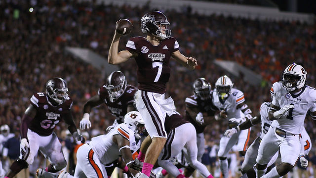 STARKVILLE, MS - OCTOBER 06: Nick Fitzgerald #7 of the Mississippi State Bulldogsthrows the ball during the first half against the Auburn Tigers at Davis Wade Stadium on October 6, 2018 in Starkville, Mississippi.