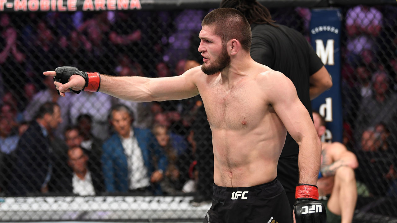 LAS VEGAS, NV - OCTOBER 06: Khabib Nurmagomedov of Russia points to Conor McGregor of Ireland corner in their UFC lightweight championship bout during the UFC 229 event inside T-Mobile Arena on October 6, 2018 in Las Vegas, Nevada.