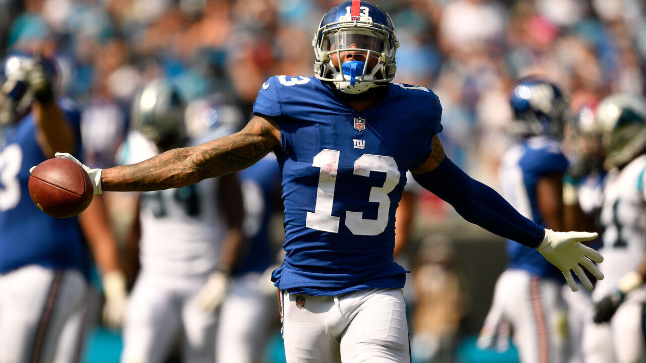 CHARLOTTE, NC - OCTOBER 07: Odell Beckham Jr. #13 of the New York Giants reacts against the Carolina Panthers in the second quarter during their game at Bank of America Stadium on October 7, 2018 in Charlotte, North Carolina.