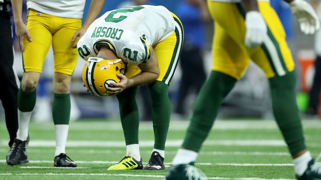 DETROIT, MI - OCTOBER 07: Kicker Mason Crosby #2 of the Green Bay Packers reacts to missing one of the three field goal attempts against the Detroit Lions during the first half at Ford Field on October 7, 2018 in Detroit, Michigan.