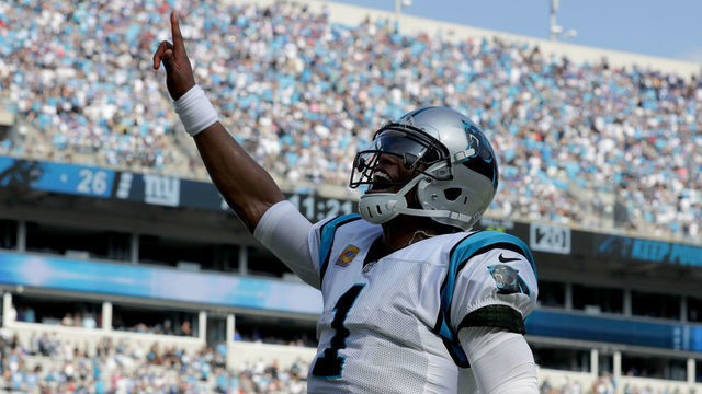 CHARLOTTE, NC - OCTOBER 07: Cam Newton #1 of the Carolina Panthers celebrates a touchdown against the New York Giants in the fourth quarter during their game at Bank of America Stadium on October 7, 2018 in Charlotte, North Carolina.
