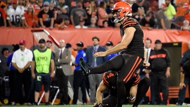 CLEVELAND, OH - SEPTEMBER 20: Greg Joseph #17 kicks a 27 yard field goal during the third quarter against the New York Jets at FirstEnergy Stadium on September 20, 2018 in Cleveland, Ohio.