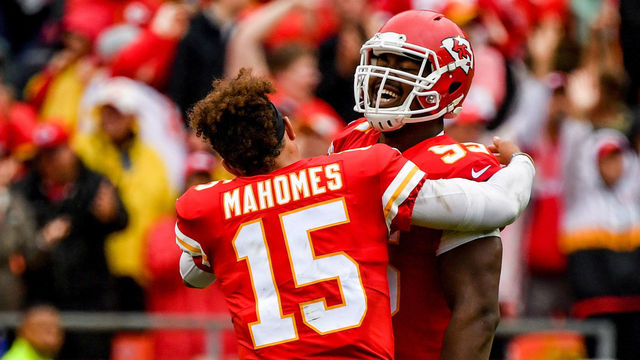 KANSAS CITY, MO - OCTOBER 7: Chris Jones #95 of the Kansas City Chiefs celebrates with teammate Patrick Mahomes #15 after an interception return for a touchdown during the second quarter of the game against the Jacksonville Jaguars at Arrowhead Stadium on October 7, 2018 in Kansas City, Missouri.
