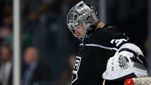 LOS ANGELES, CA - APRIL 15: Jonathan Quick #32 of the Los Angeles Kings looks on during the third period in Game Three of the Western Conference First Round against the Vegas Golden Knights during the 2018 NHL Stanley Cup Playoffs at Staples Center on April 15, 2018 in Los Angeles, California.
