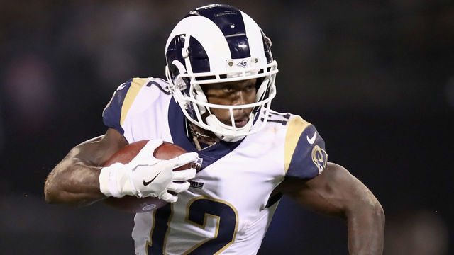 OAKLAND, CA - SEPTEMBER 10: Brandin Cooks #12 of the Los Angeles Rams runs with the ball against the Oakland Raiders at Oakland-Alameda County Coliseum on September 10, 2018 in Oakland, California.