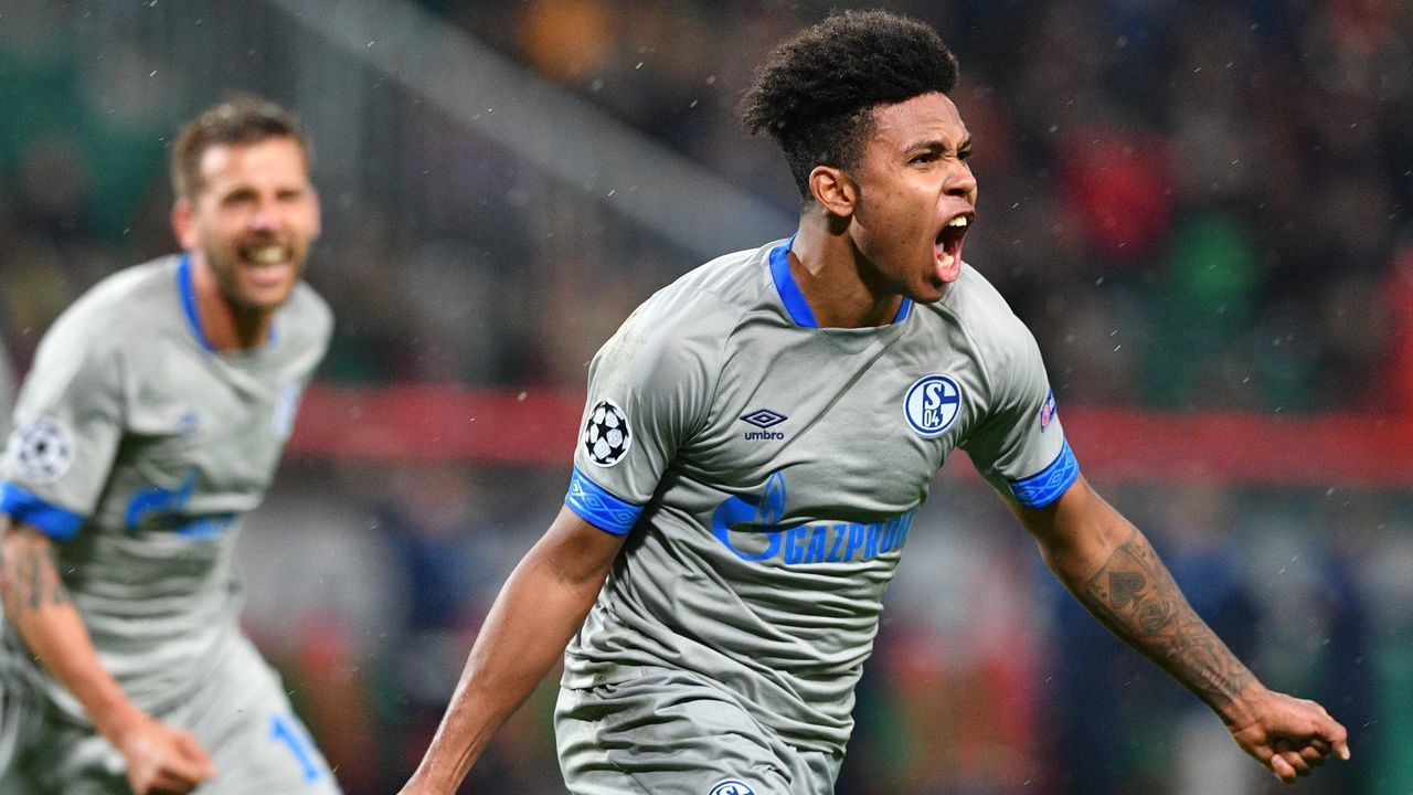 Schalke's US midfielder Weston McKennie celebrates after scoring a goal during the UEFA Champions League group D football match between FC Lokomotiv Moscow and FC Schalke 04 at the RZD Arena in Moscow on October 3, 2018.